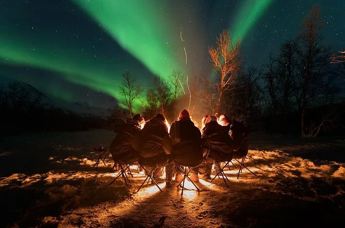 A group sitting around a big campfire in the snow under green aurora, seen from behind