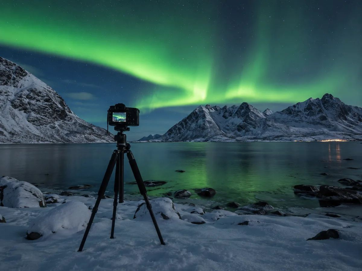 Eine Kamera auf einem Stativ im Schnee, ausgerichtet auf grüne Nordlichter über einem Fjord