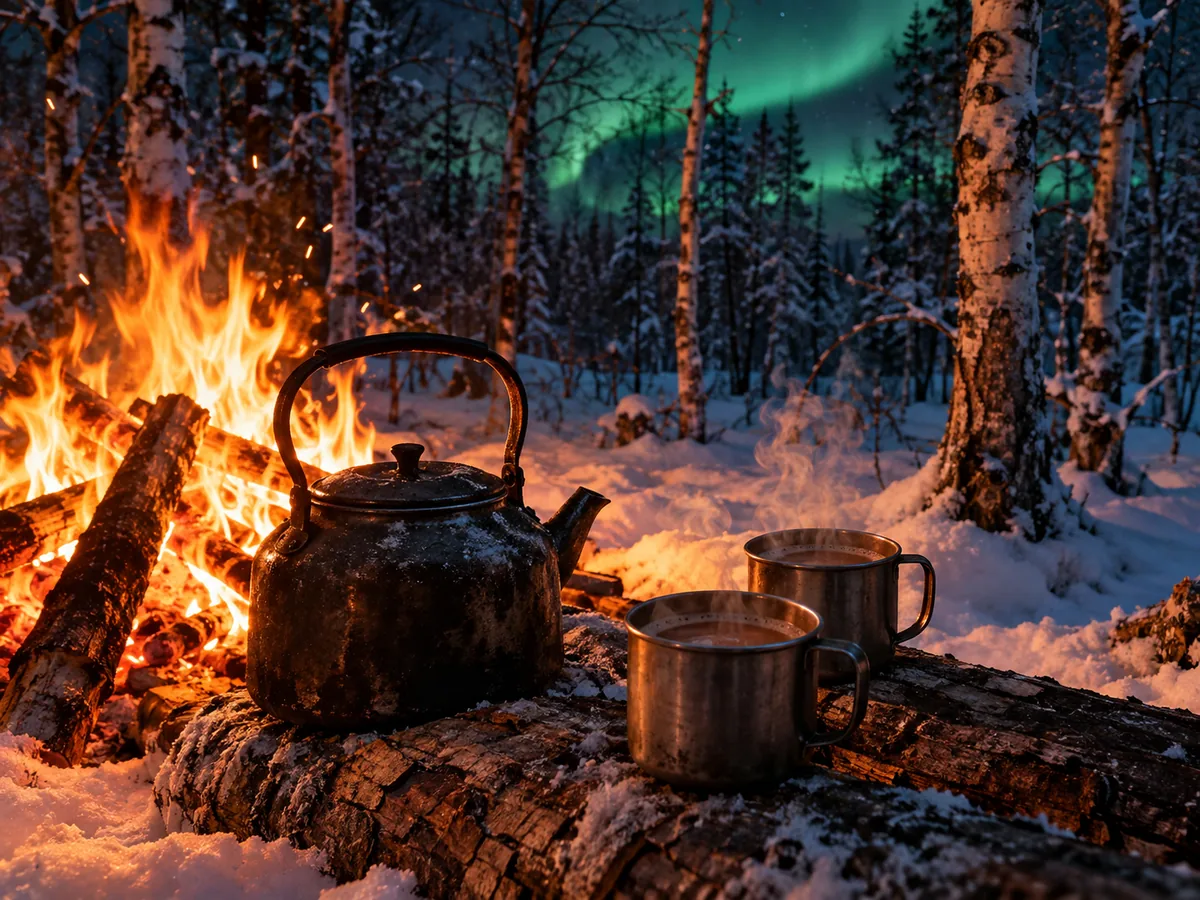 Ein Lagerfeuer im Schnee mit Kessel und dampfenden Bechern unter einem schwachen Nordlicht