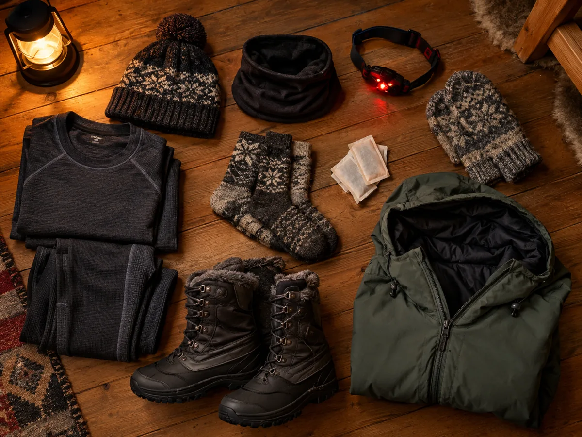 Winterkleidung in Schichten, Wollsocken, Stiefel, Mütze, Fäustlinge und eine Stirnlampe auf einem Holzboden ausgebreitet